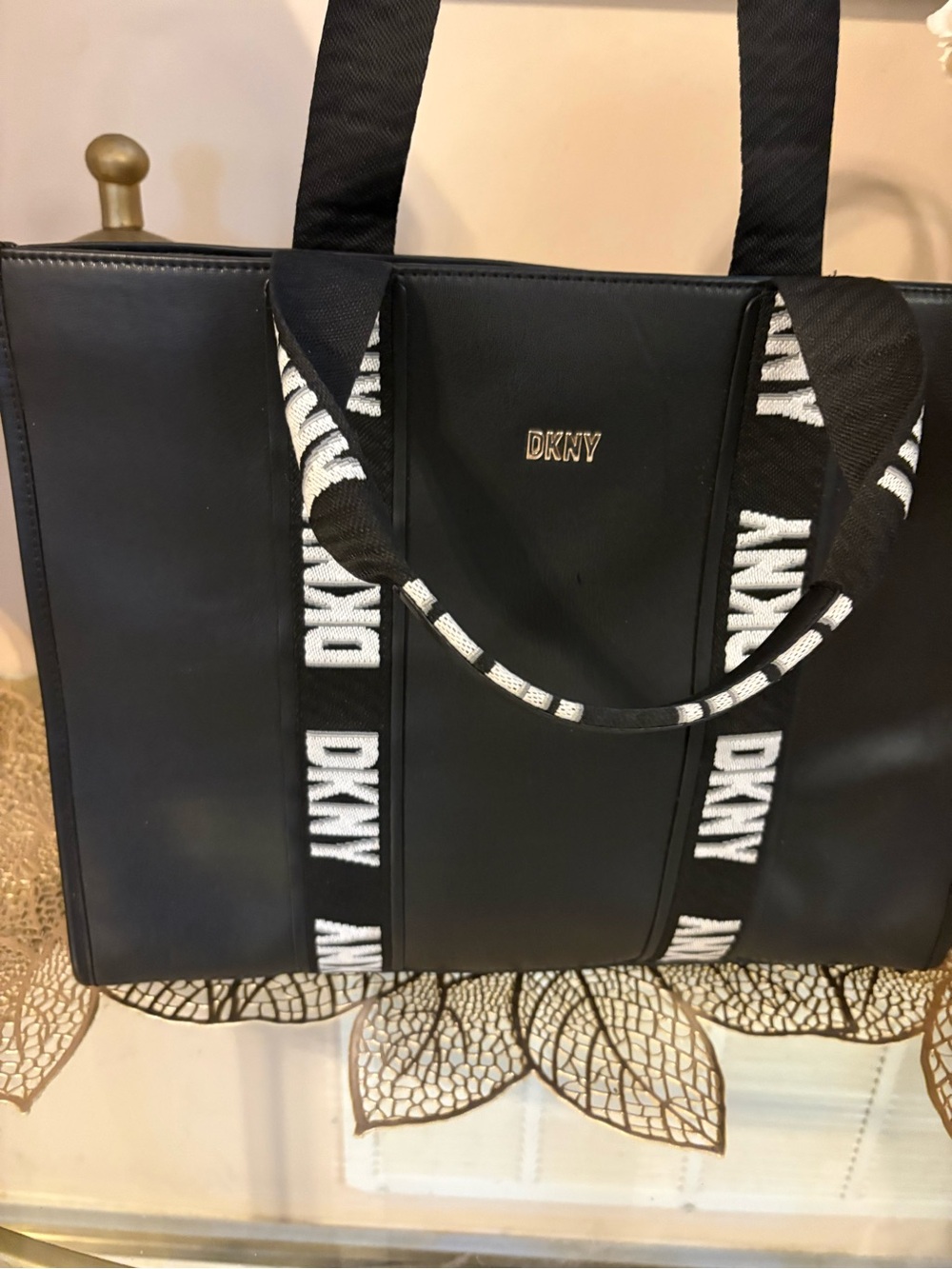 DKNY Black Tote with White Logo Webbing Straps